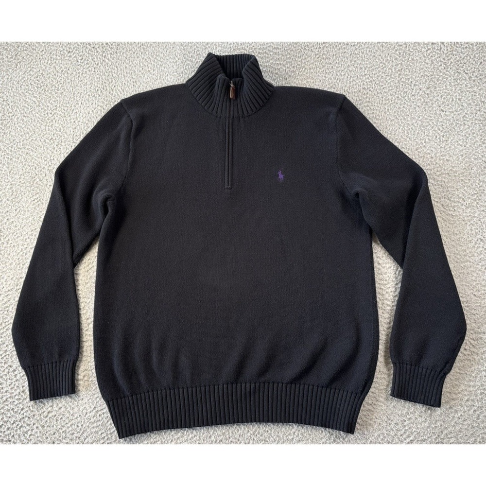 Polo Ralph Lauren Sweater Mens Medium Black 1/4 Zip Knit Cotton Purple Pony Y2K